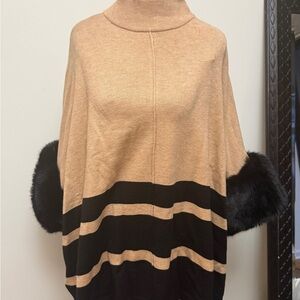 Tahari Tan and Black Cowl Neck Sweater Poncho